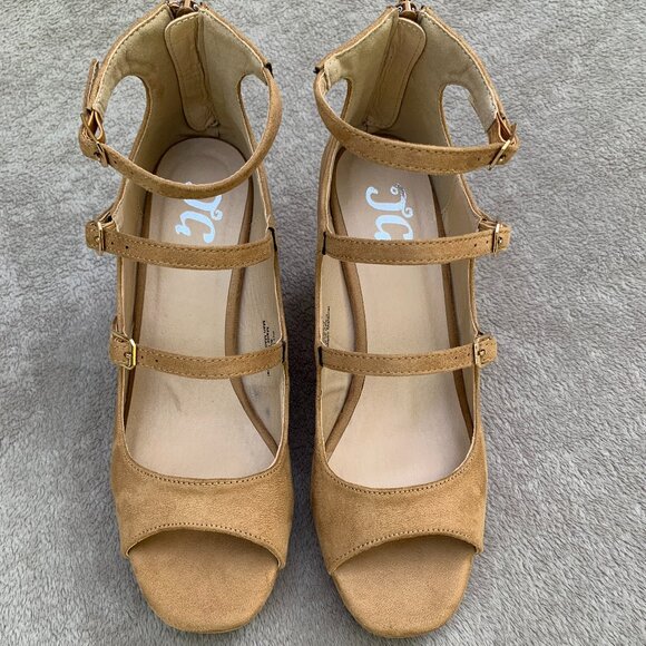 Journee Collection Skyla Tan Microsuede Strappy Peep Toe Demi Wedges - Picture 4 of 15